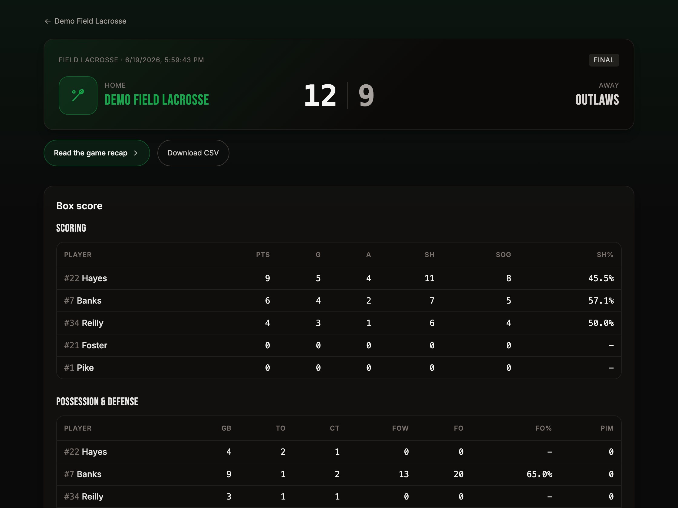 Statside, live stats